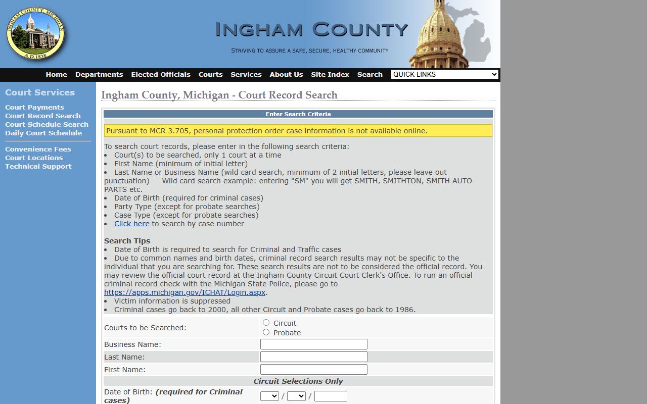 Ingham Courts website for Lansing court records