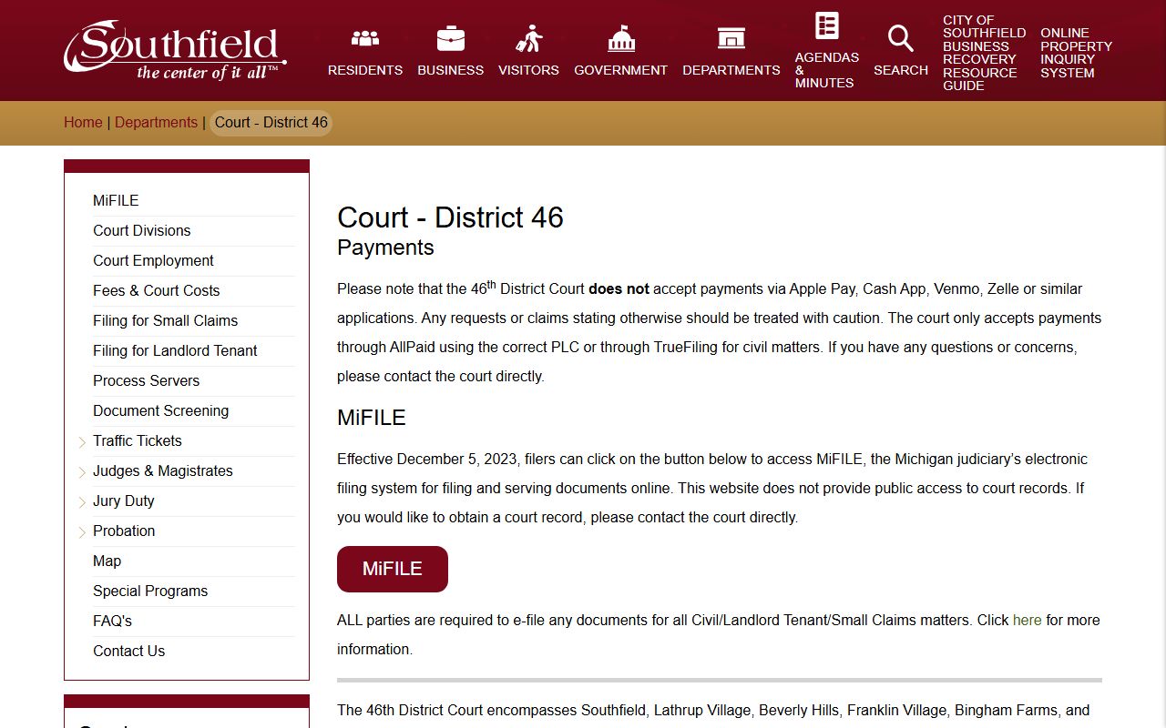 46th District Court Southfield page for Southfield court records