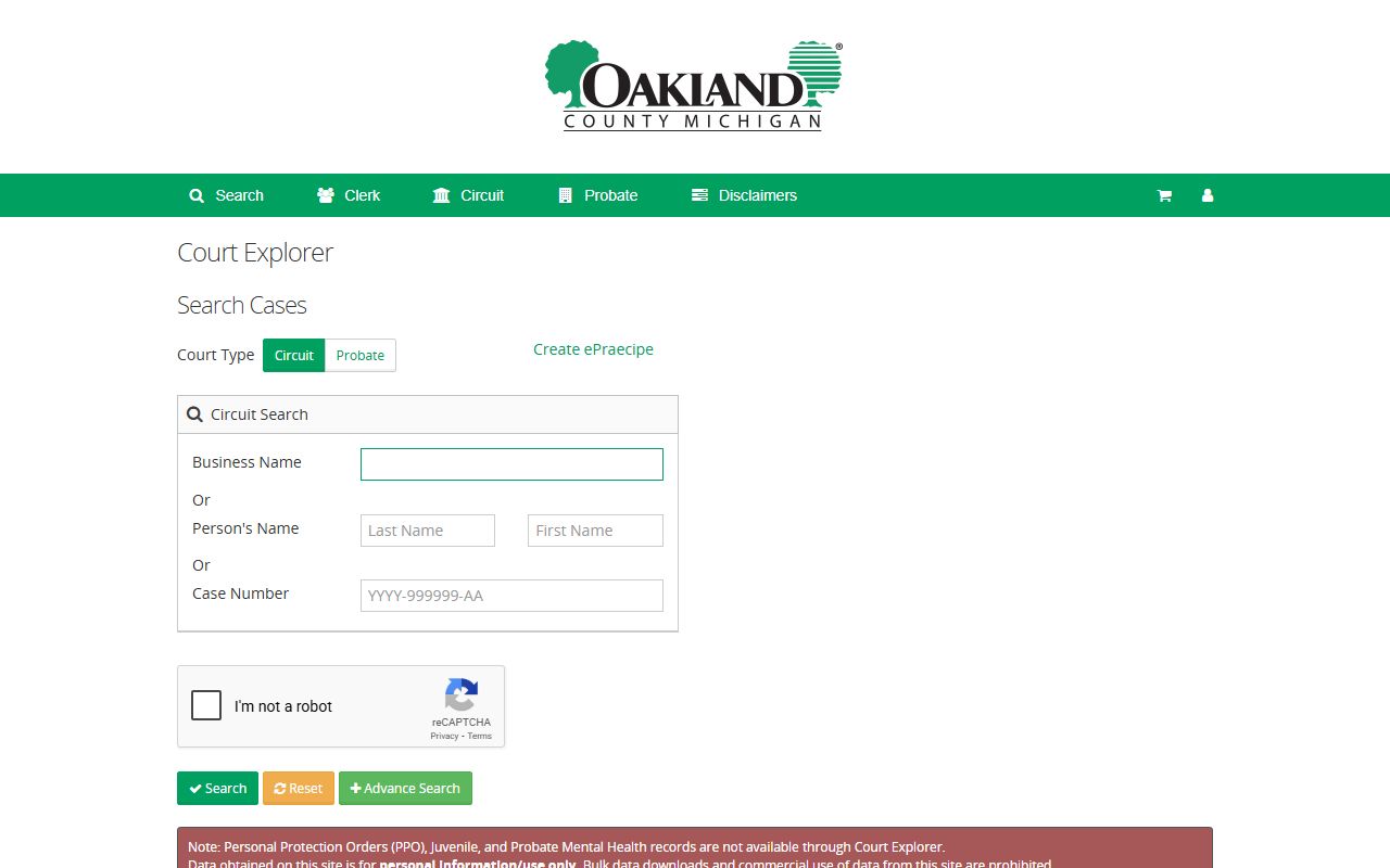 Court Explorer Oakland County search portal for Troy court records