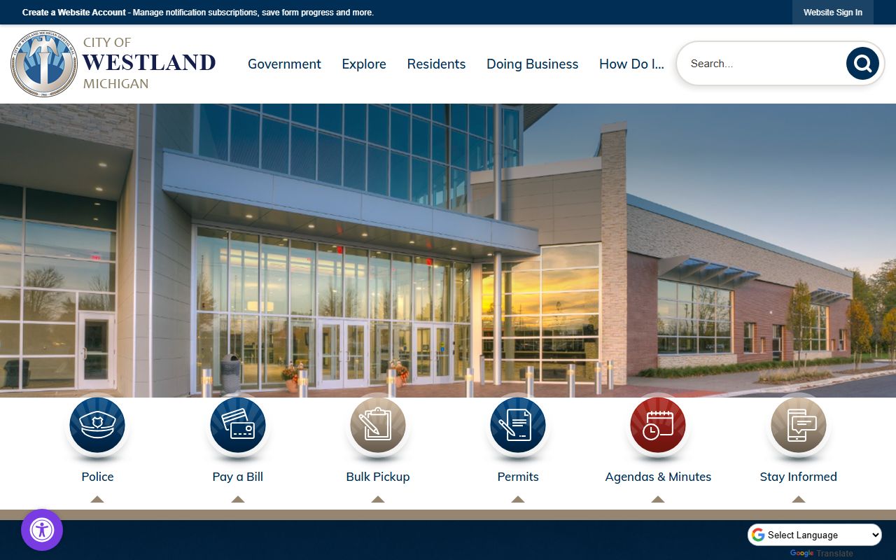 City of Westland homepage with links to 18th District Court for Westland court records