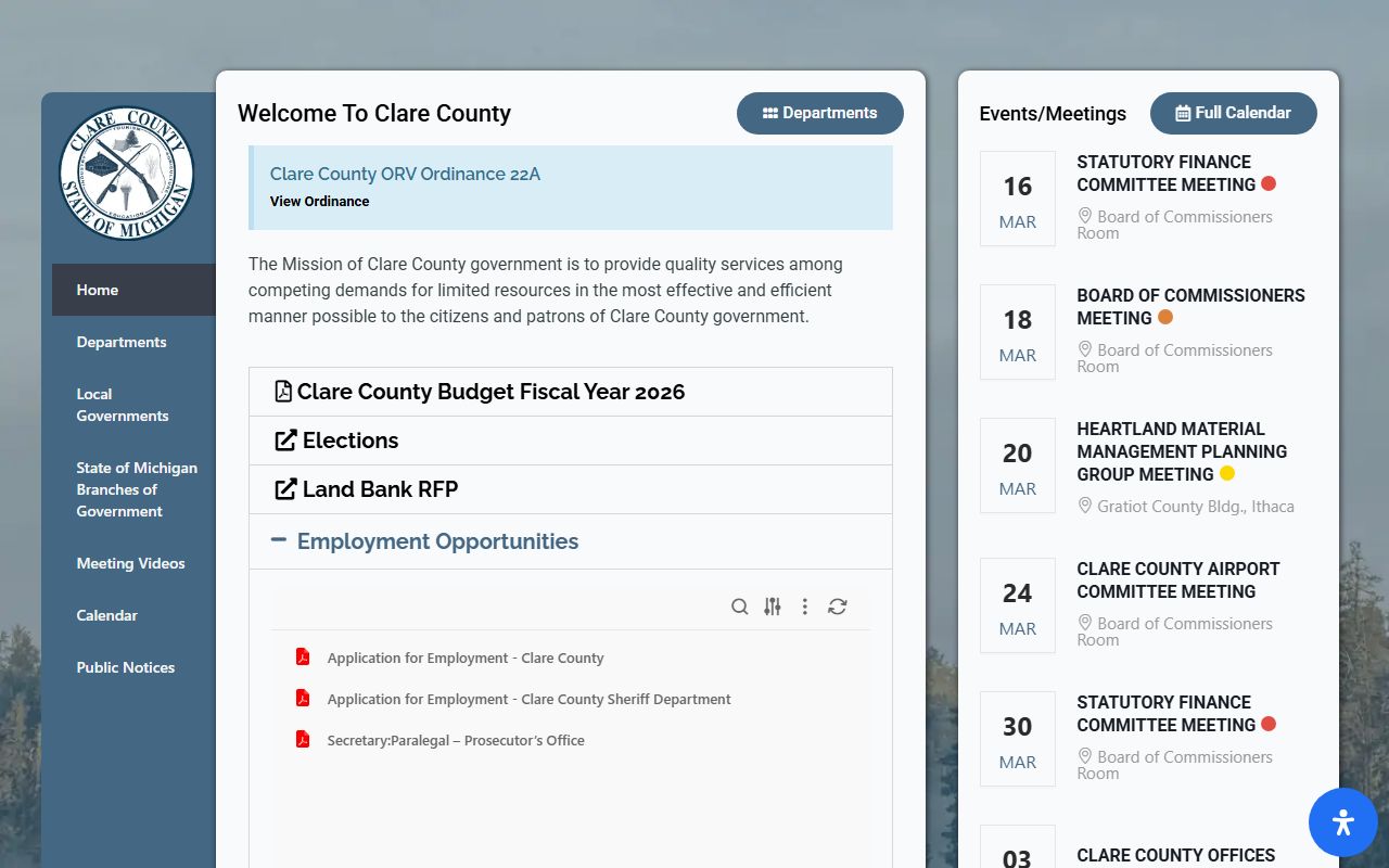 Clare County homepage showing clerk and court contact information for Clare County court records