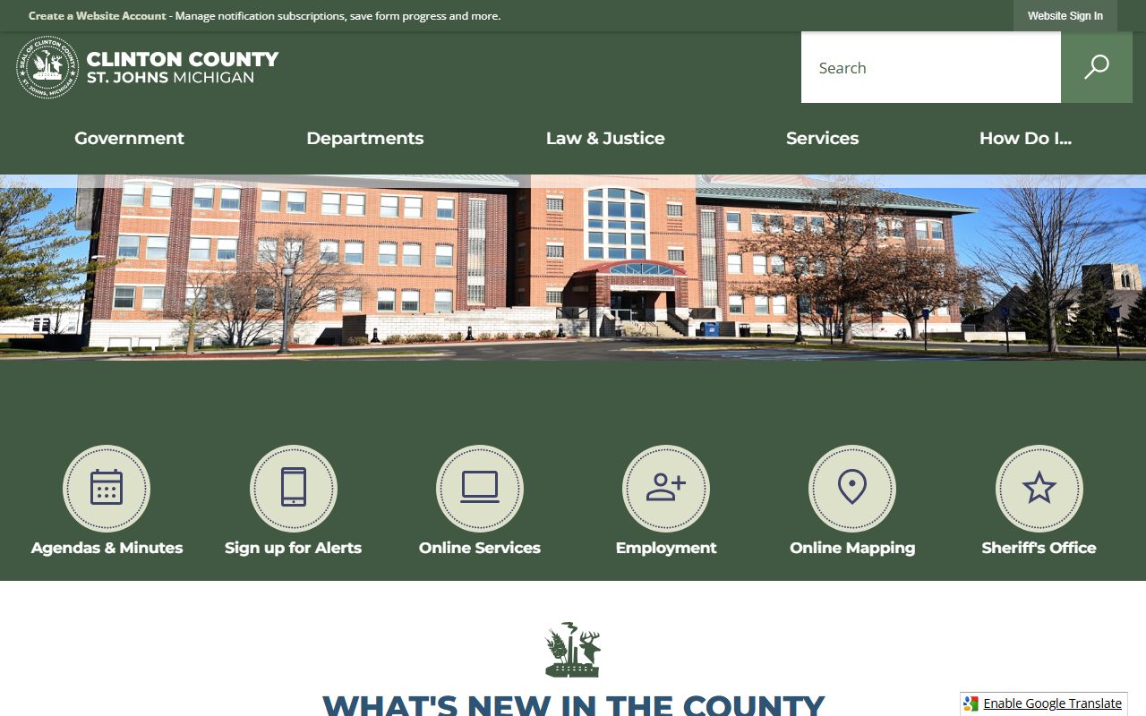 Clinton County homepage showing clerk and court contact information for court records in St. Johns Michigan
