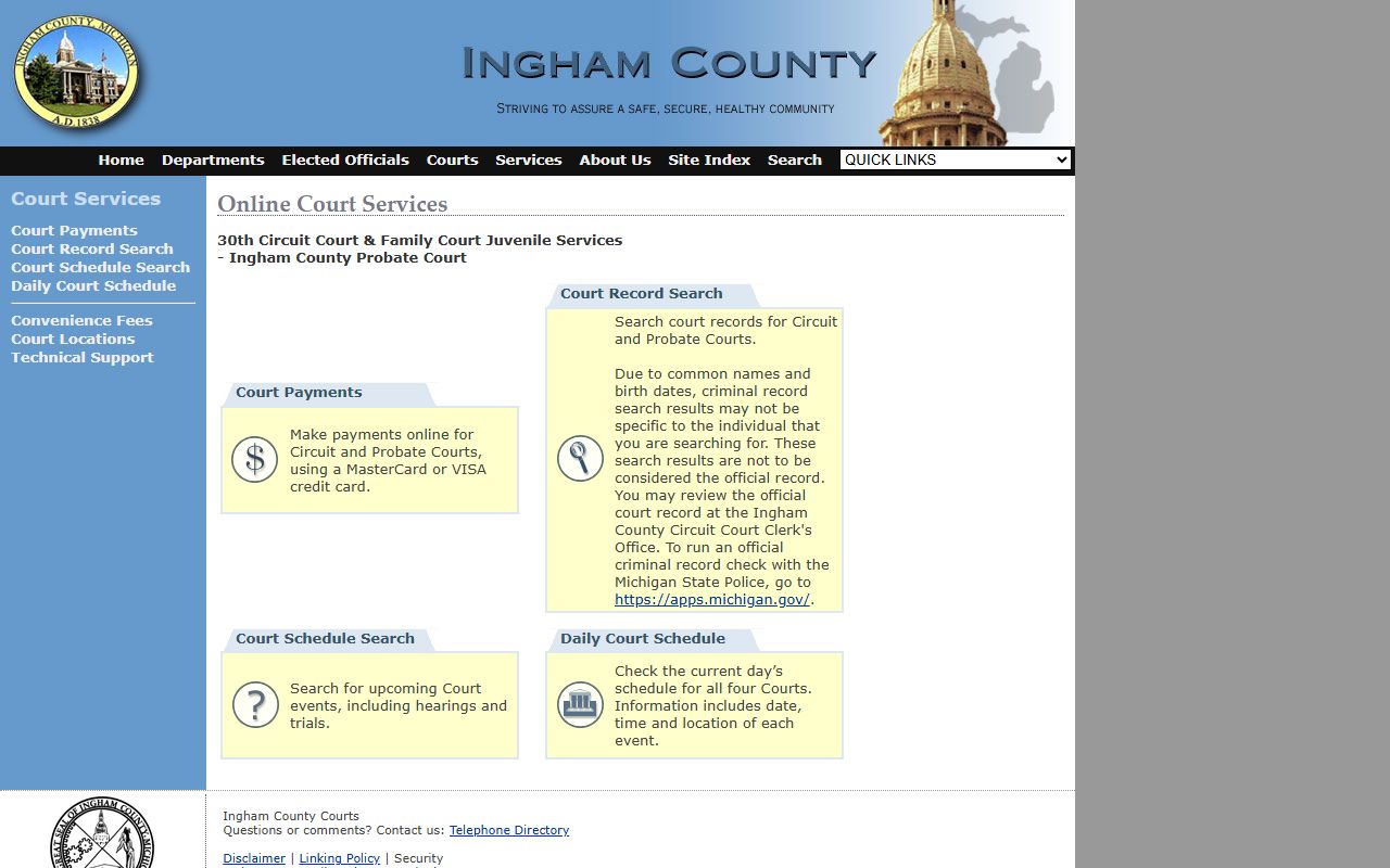 Ingham County courts homepage for court records