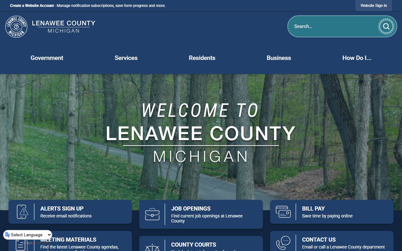 Lenawee County website homepage for finding court records