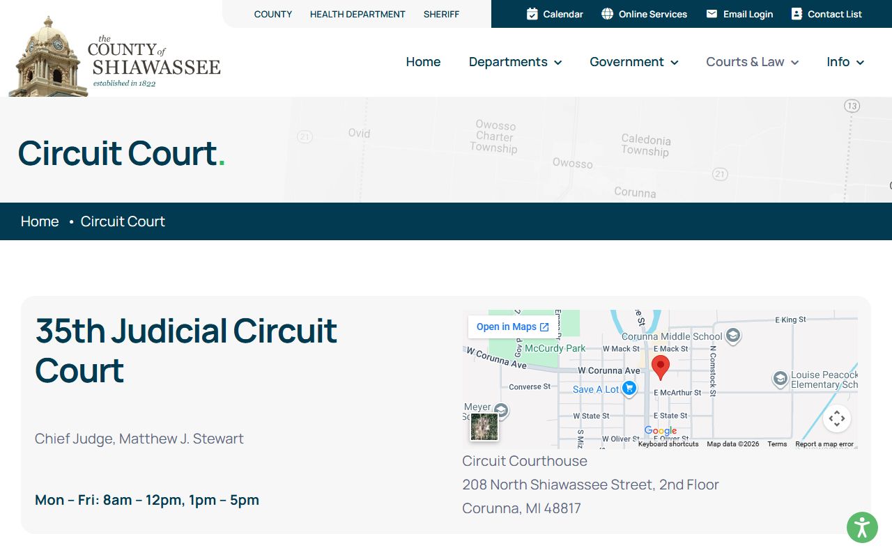 Shiawassee County 35th Circuit Court page for court records in Corunna