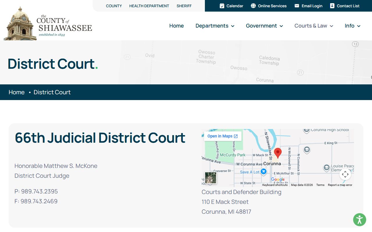 Shiawassee County 66th District Court page for court records in Corunna