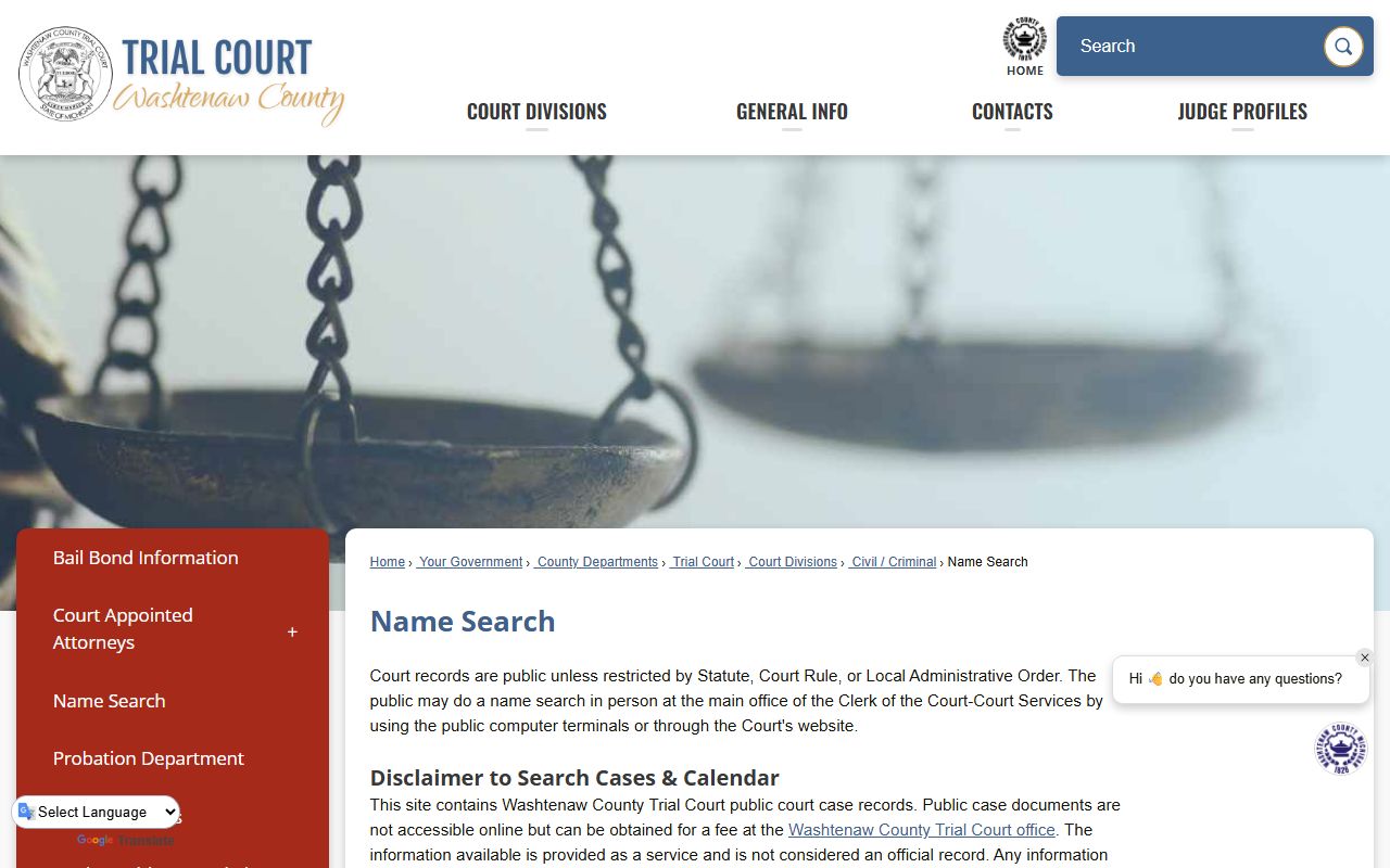 Washtenaw County clerk name search portal for court records