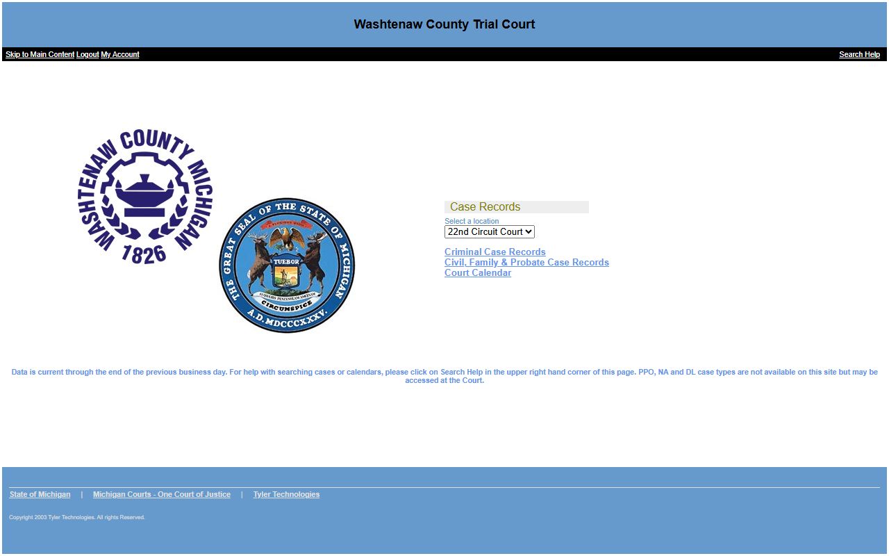 Washtenaw County Trial Court public access portal for court records