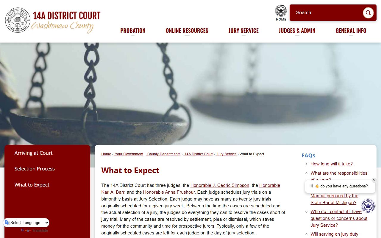 Washtenaw County trial court page showing court records access