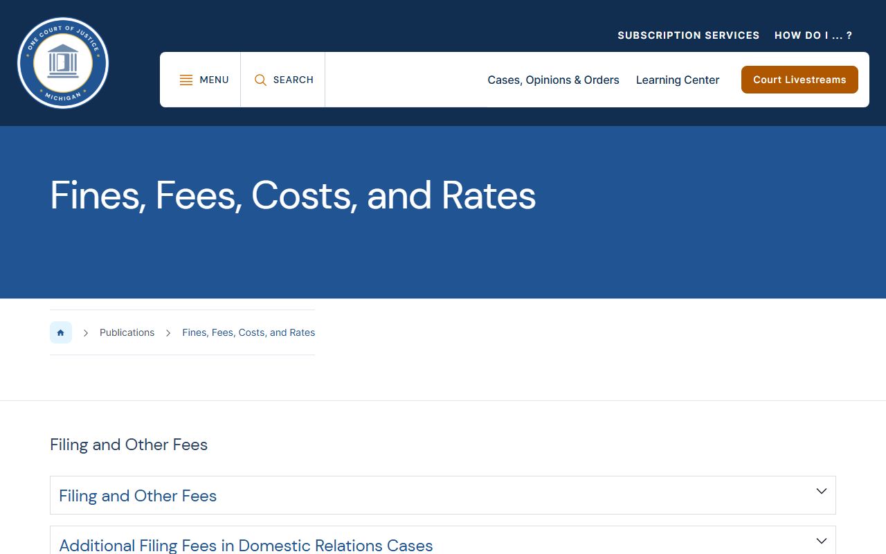 Michigan Courts fee schedule page for court records