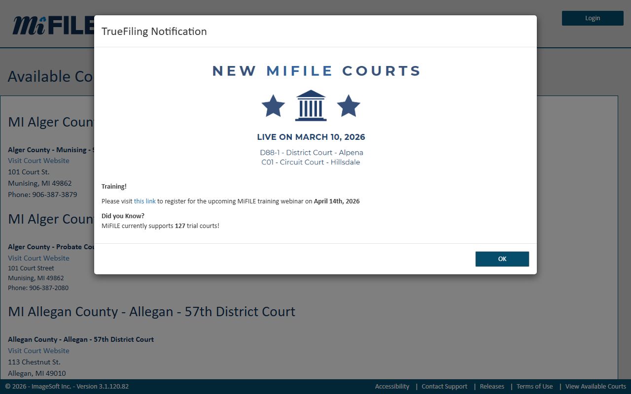 MiFILE list of participating Michigan courts for e-filing
