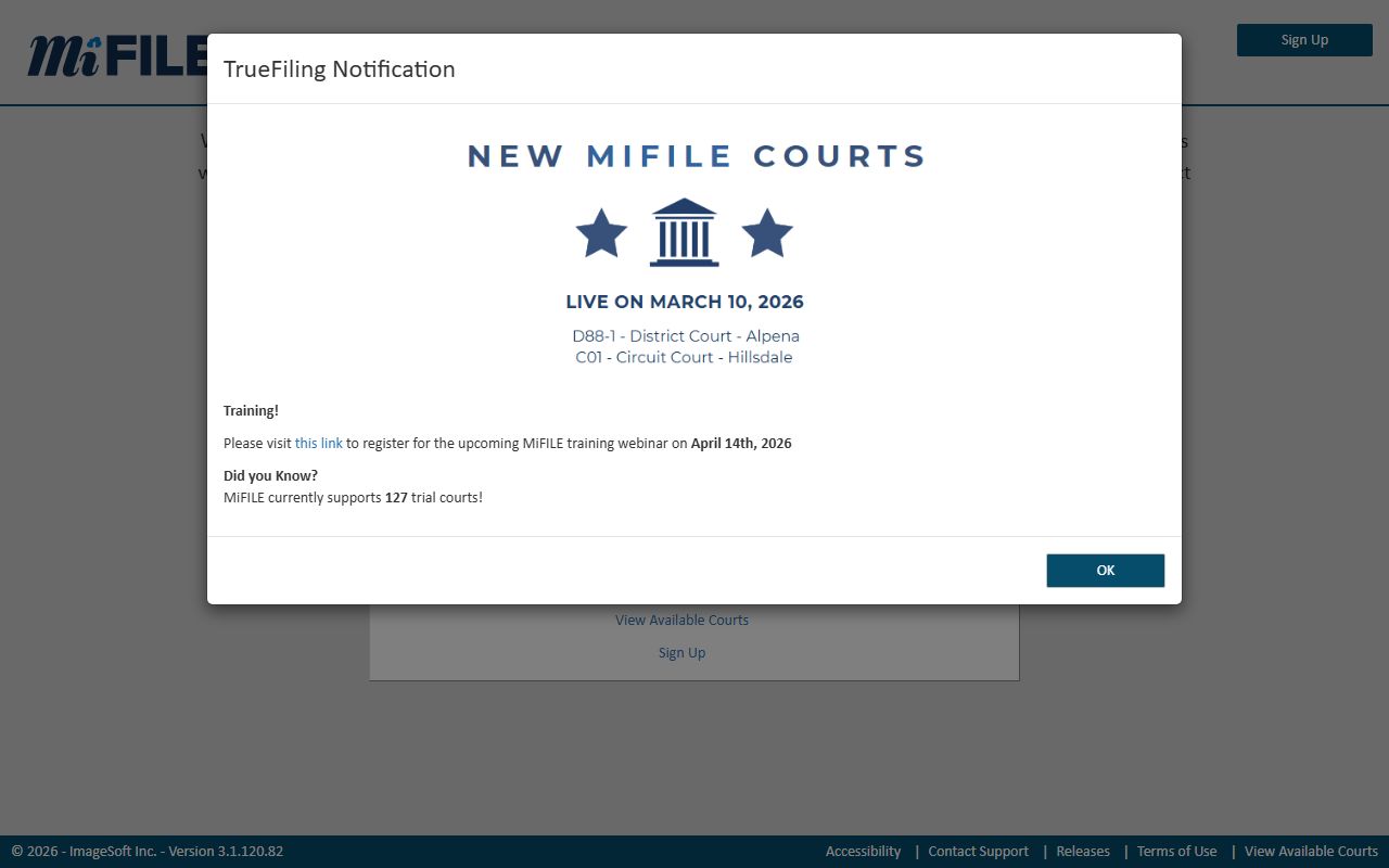 MiFILE Michigan electronic court filing login page